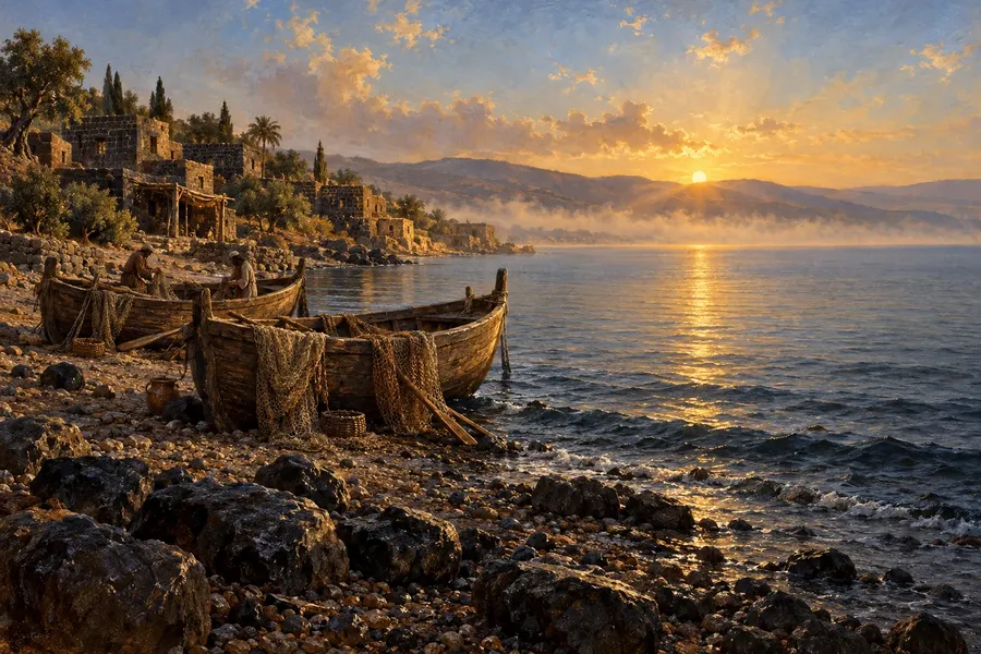 Painting of fishing boats drawn up on a pebbled shore of the Sea of Galilee at dawn, a stone village on the slope behind