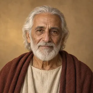 Portrait of John, an elderly man with white hair and beard in a rust-red mantle