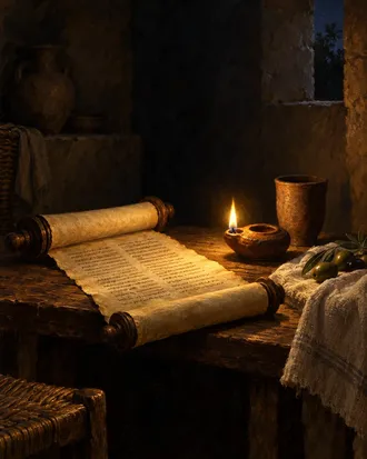 Painting of a parchment scroll and a small clay oil lamp on a wooden table at night