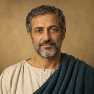 Portrait of Luke, a grey-bearded man in a teal mantle