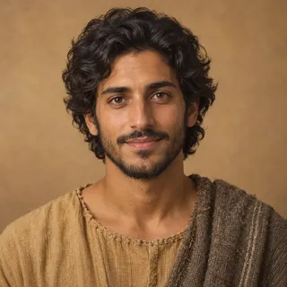 Portrait of Mark, a young man with curly dark hair in a brown mantle