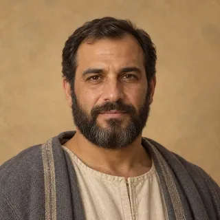 Portrait of Matthew, a bearded Galilean man in a grey wool mantle