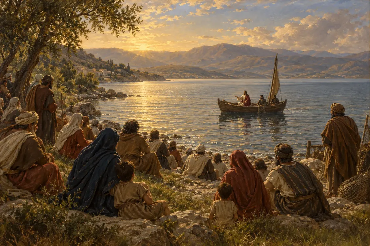 Classical painting of Jesus teaching from a fishing boat to a crowd seated on the shore of the Sea of Galilee